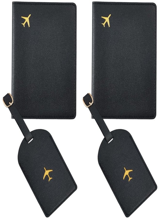 CALFOVERA 2 Sets Metallic Airplane Pattern Luggage Tag Mr and Mrs Honeymoon Passport Wallets Travel Holder PU Leather Black Couple Passport Cover Blocking Card Slots RFID Case Suitcase for Women Men - Image 1